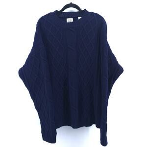 GAP Y2K Navy Shetland's Wool Cable Knit Pullover Sweater Crewneck Ribbed Hems L